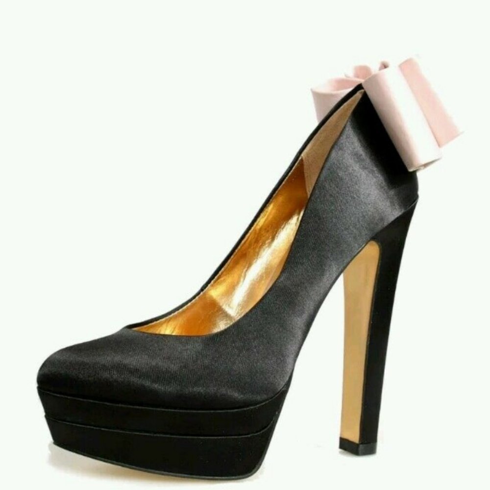Ted Baker Black Satin Oaker Back Bow pink black Heels shoes size 6 nwot